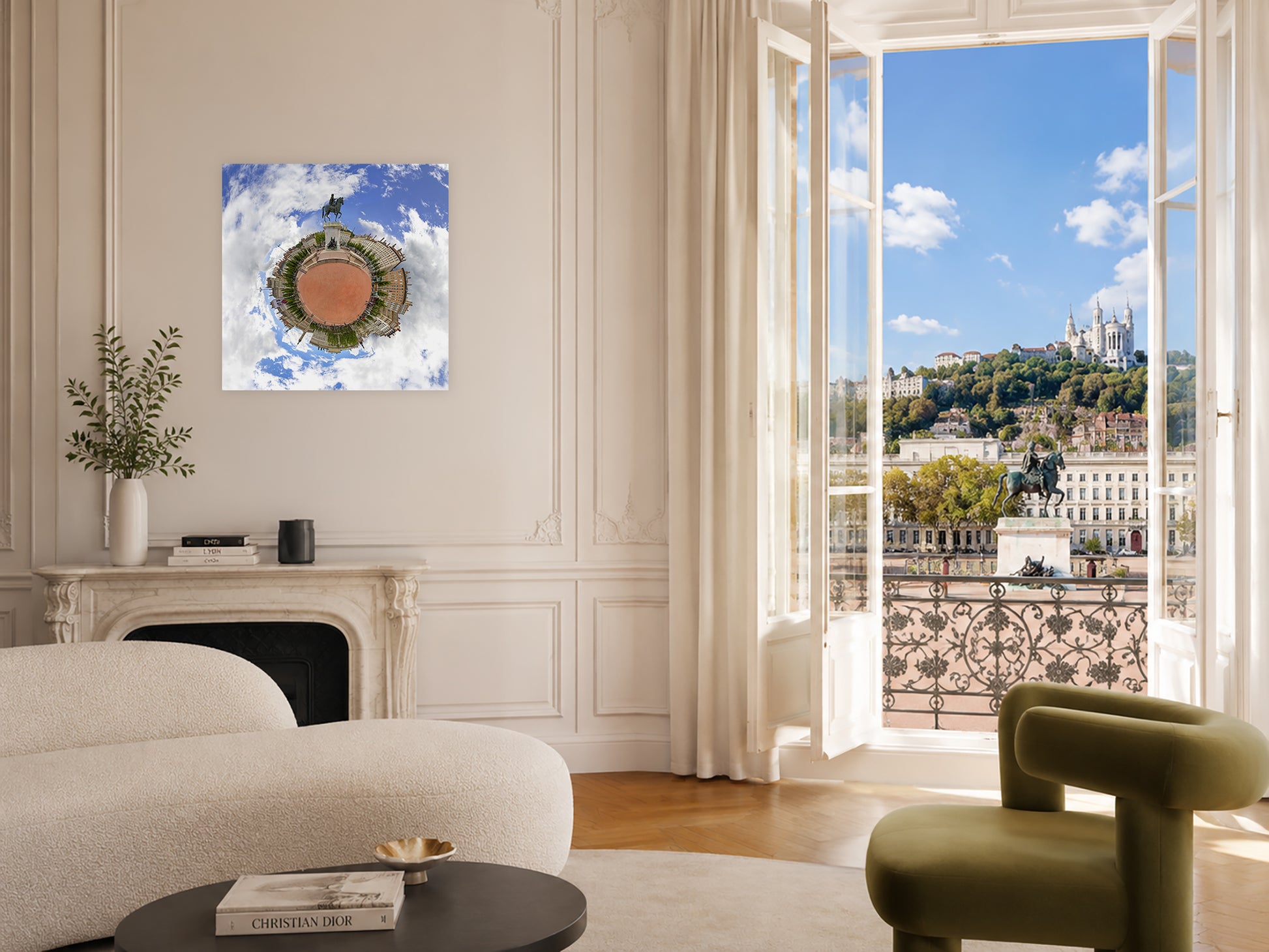 Interior mockup featuring Bellecour Planet, a Little Big World creative fine art photography print by Jean-Charles Garrivet, displayed in an elegant Lyon apartment overlooking Place Bellecour.