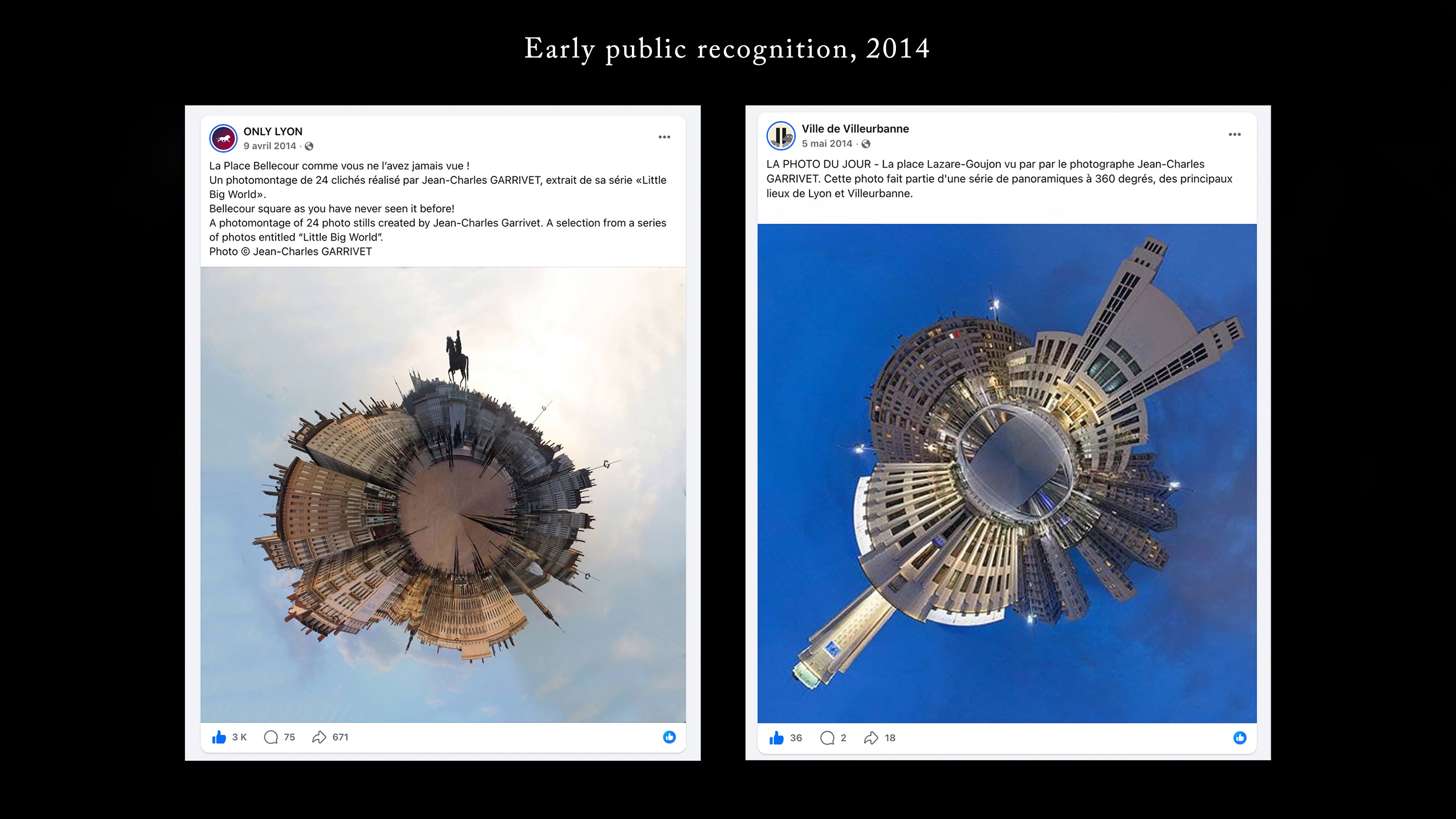 About page image showing early public recognition of Little Big World by Jean-Charles Garrivet in 2014, with Bellecour Planet and Villeurbanne Planet featured online.