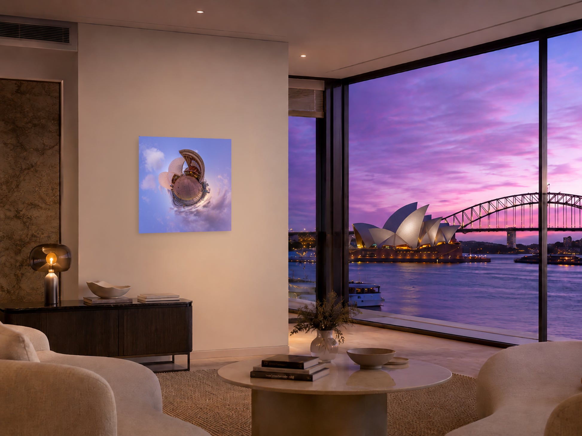 Interior mockup featuring Sydney Opera House Planet, a Little Big World creative fine art photography print by Jean-Charles Garrivet, displayed in a modern living room overlooking Sydney Harbour at sunset.